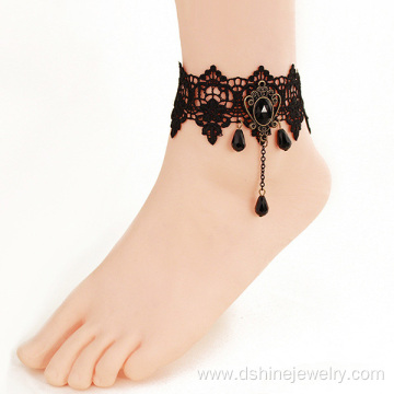 Gothic Black Lace Chain Bead Charms Lady Anklet Bracelet